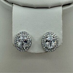 New Silver Plated Oval Clear Crystal Halo Stud Earrings | Bridal Sparkle